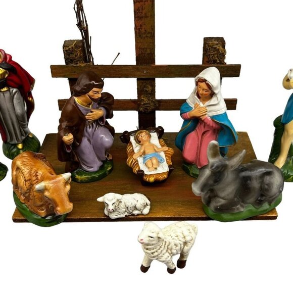 Vintage Dickson Hand-Painted Nativity Scene Set Complete w Stable Japan 12 Pc - Picture 2 of 16